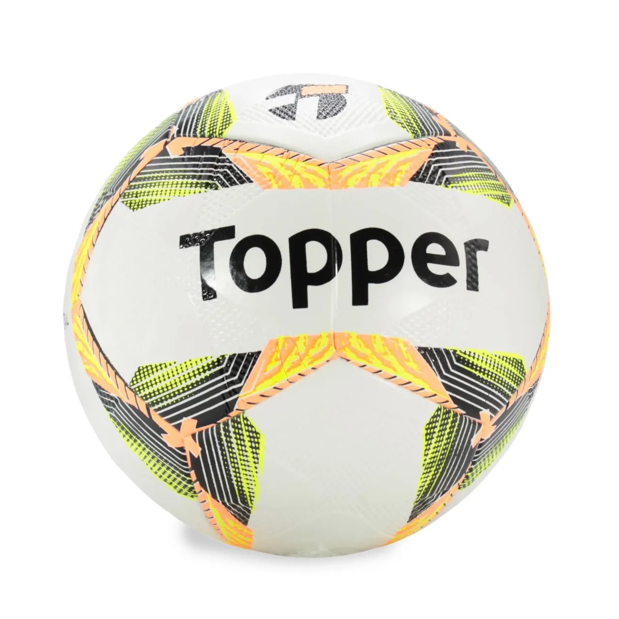 Bola de futsal Topper Slick branca com detalhes laranja vista frontal